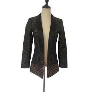 Bebe Womens Blazer Jacket Sz 2 Black Gold Brocade Tuxedo Style Satin Lapel